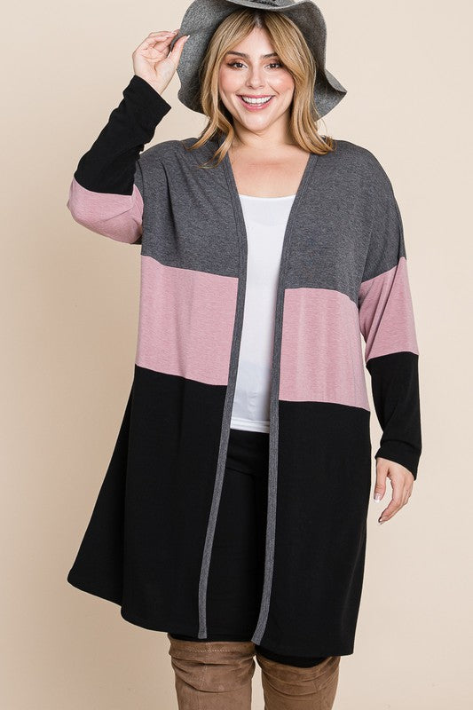 12 OT {Call It Cozy} Charcoal/Pink/Black Color Block Cardigan PLUS SIZE