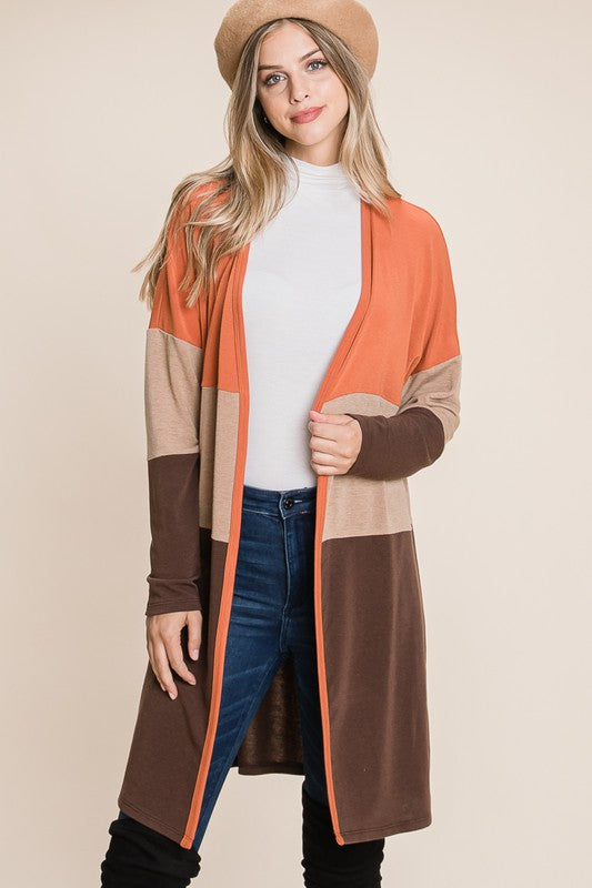 13 OT {Call It Cozy} Rust/Taupe/Brown  Color Block Cardigan PLUS SIZE