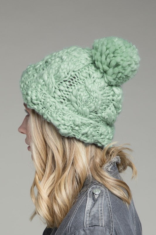 HAT {Cozy Glam} Mint Crochet Beanie w/ Fuzzy PomPom