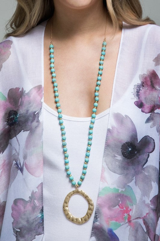 NECKLACE {No Love Lost} Turquoise/Gold Beaded Necklace w/ Circle Pendant