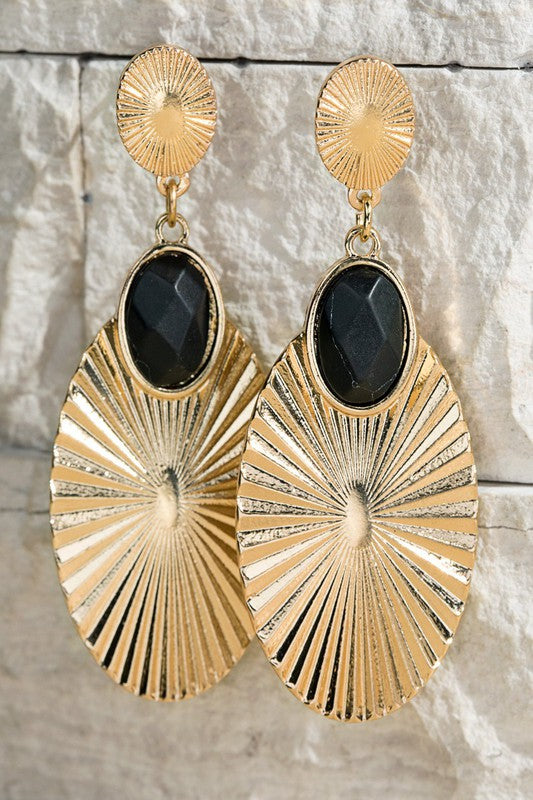 EARRINGS {Good Looker} Gold Textured Dangle Earrings w/ Black Gem