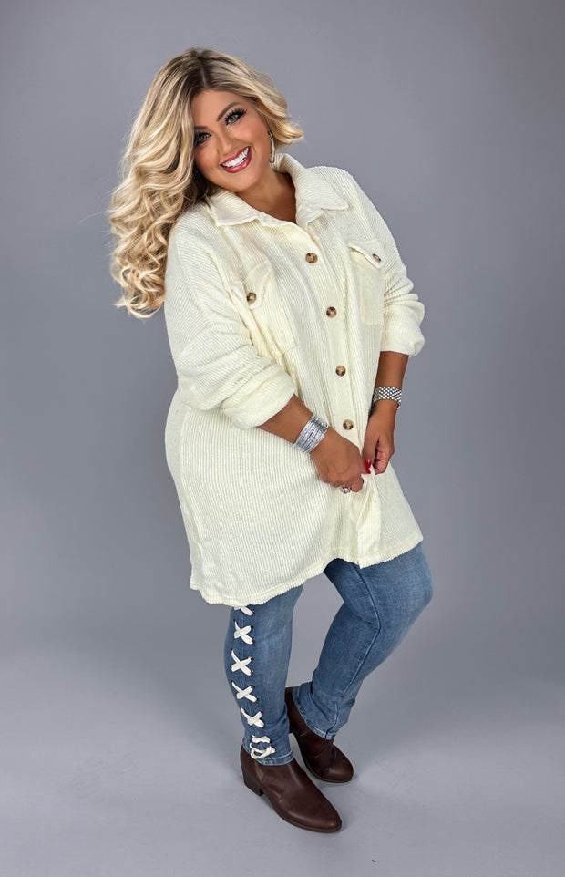 92 OT {Tomorrow & Always} Ivory Button Up Ribbed Shacket w/ Pockets PLUS SIZE 3X