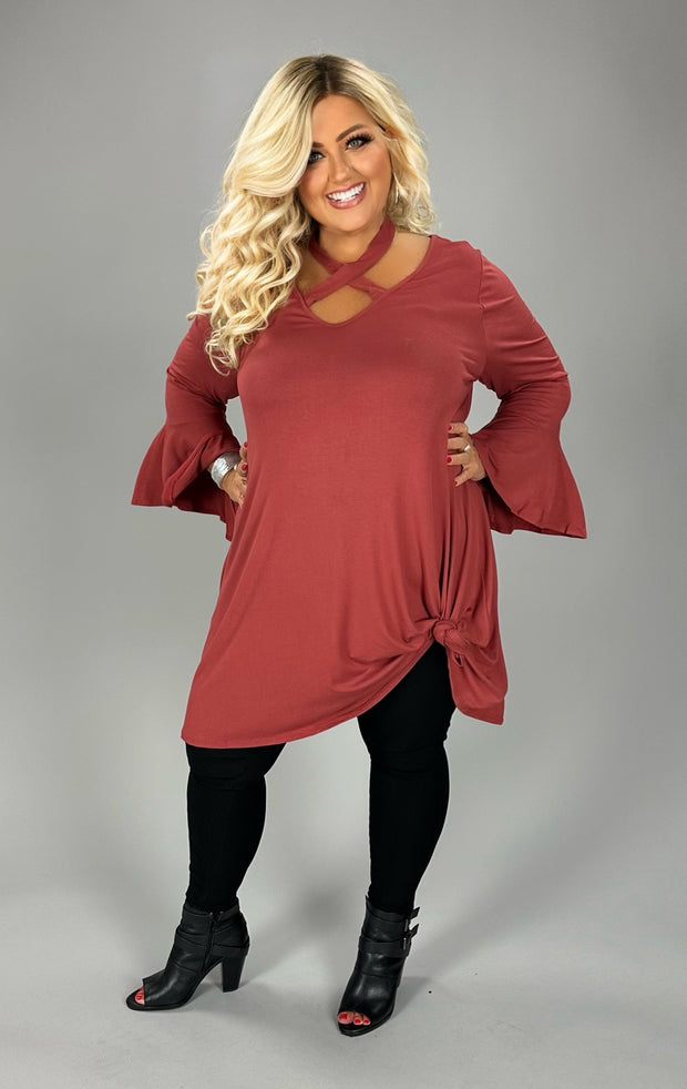 35 SQ {Dreaming Of Elegance} Rust V-Neck Top w/ Tie Cross Neck Detail PLUS SIZE XL 2X 3X