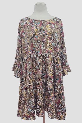 75 PSS {Garden Of Thoughts} Mocha/Mustard Floral Tiered Dress  EXTENDED PLUS 3X 4X 5X