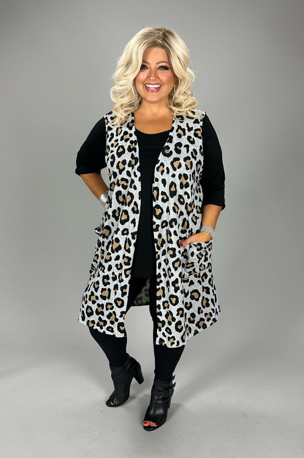 84 OT {Simply Stunning} Grey Leopard Print Vest w/ Pockets EXTENDED PLUS 3X 4X 5X