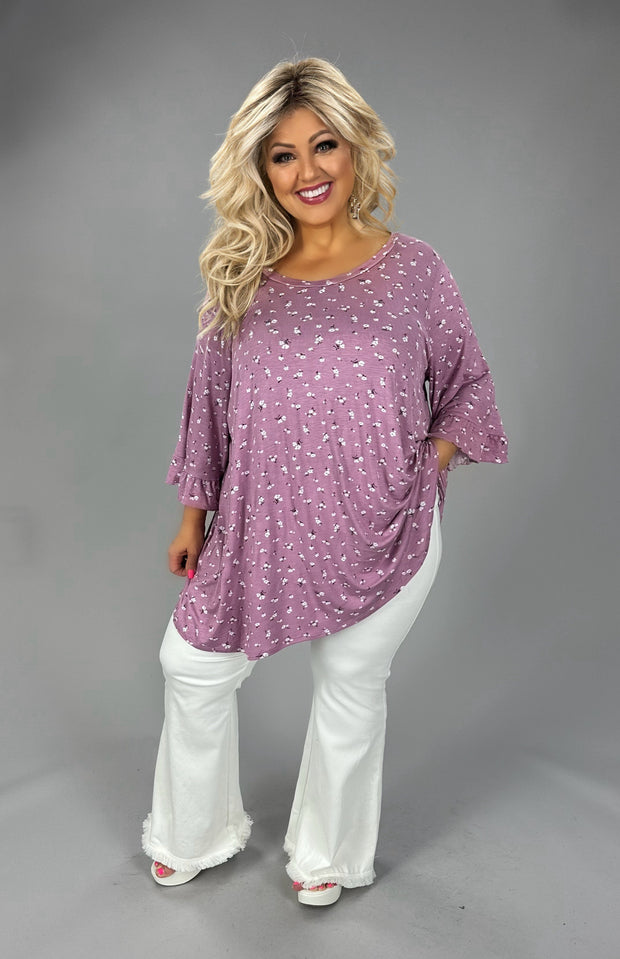 40 PQ {Feeling Dainty} Mauve Floral Ruffle Sleeve Top EXTENDED PLUS SIZE 4X 5X 6X