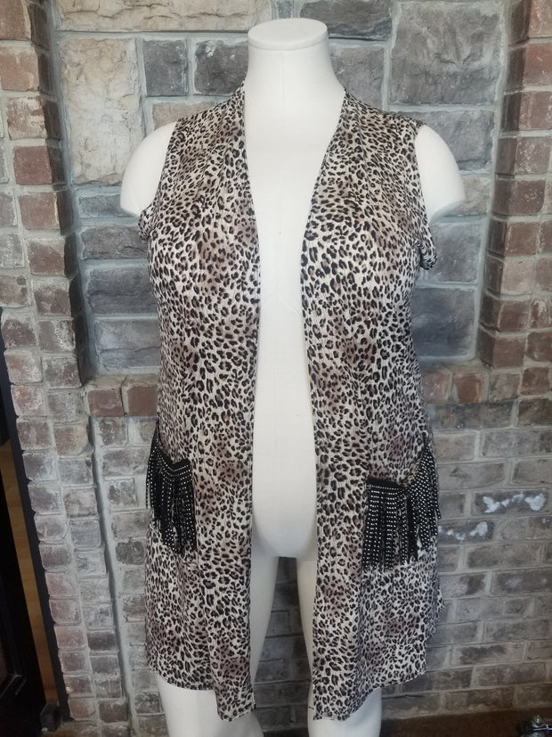 SALE!! OT-Y{Winding Down} Leopard Vest Black Stud Fringe Pockets