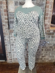 SALE!! SET-A {Dressed To Chill}  Sage Leopard Contrast Lounge Set PLUS SIZE XL 2X 3X