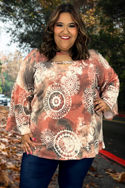 93 PLS-B {Curvy Distraction} Rust Print Top W/Neck Detail EXTENDED PLUS SIZE 3X 4X 5X 6X