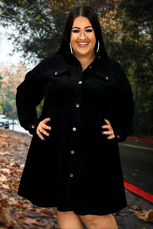 SALE! 95 PLS-F {Dark As Night} Black Button Up Corduroy Dress PLUS SIZE 1X/2X  2X/3X