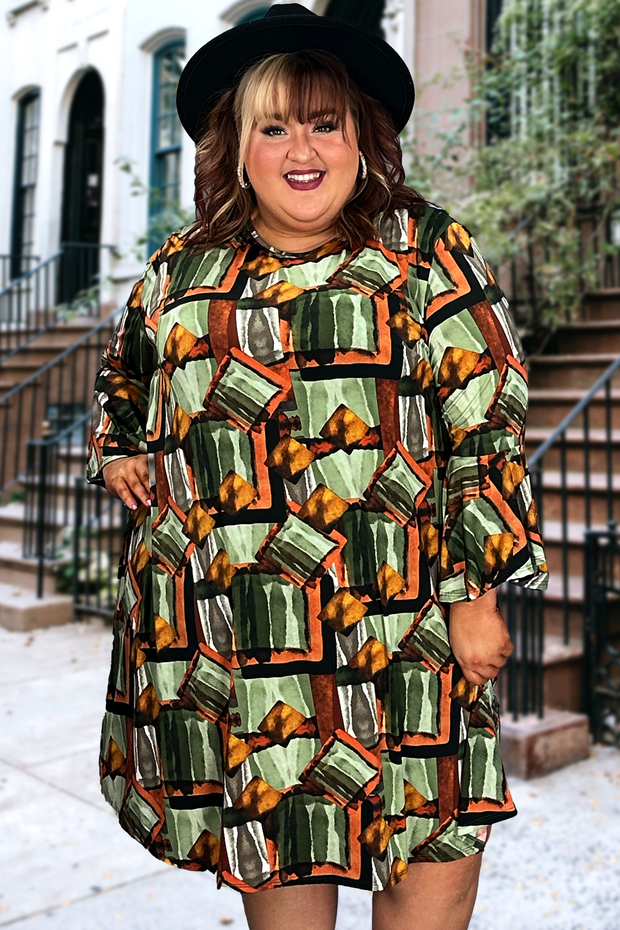 SALE!! 79 PQ-A {Diamonds Floating} Olive/Rust Print Dress SALE!!!  EXTENDED PLUS SIZE 3X 4X 5X