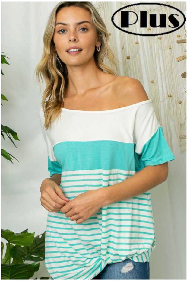 63 CP-I {Ocean Breeze} Teal &  White Stripe Contrast Top PLUS SIZE 1X 2X 3X