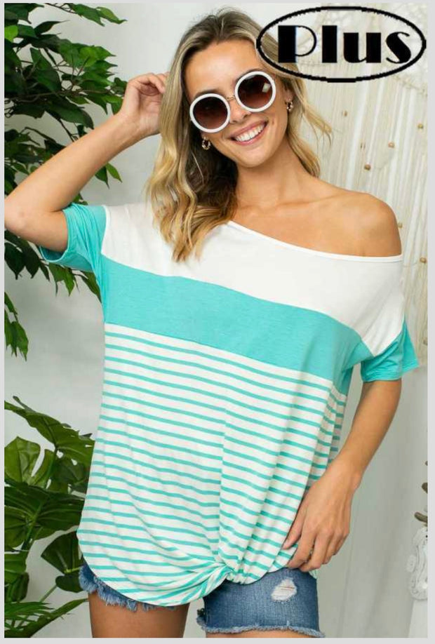 63 CP-I {Ocean Breeze} Teal &  White Stripe Contrast Top PLUS SIZE 1X 2X 3X