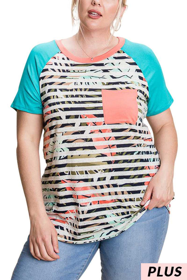 63 CP-A {Cosmic Love} Teal/Coral Contrast Top with Pocket PLUS SIZE XL 2X 3X