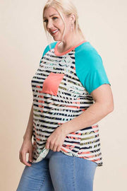 63 CP-A {Cosmic Love} Teal/Coral Contrast Top with Pocket PLUS SIZE XL 2X 3X