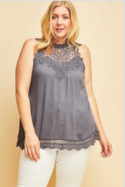 SALE!! SV-M {Perfect View} Slate Sleeveless Top with Crochet Detail