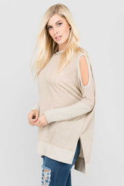 SALE!! OS-G {Follow Your Instincts} Beige  Cold -Shoulder Hoodie Top