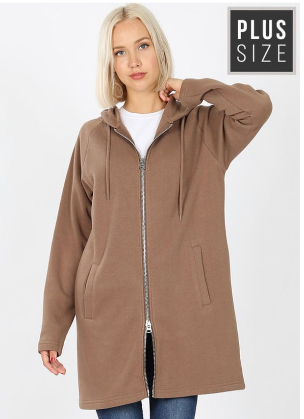 OT-M {Miles Apart} Long Mocha Hoodie Jacket Full Zipper