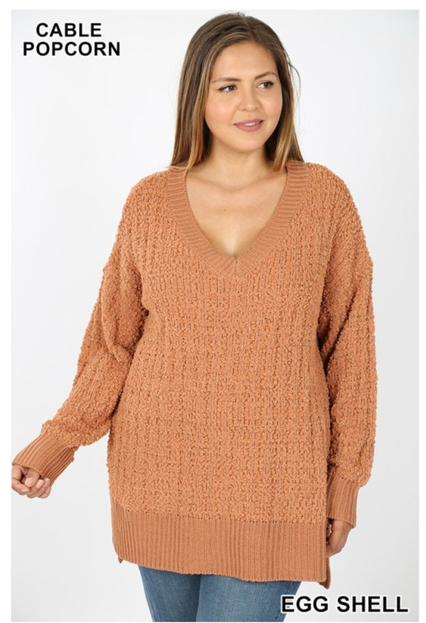 SALE! SLS-E {My Best Life} Eggshell Cable Popcorn V-Neck Sweater