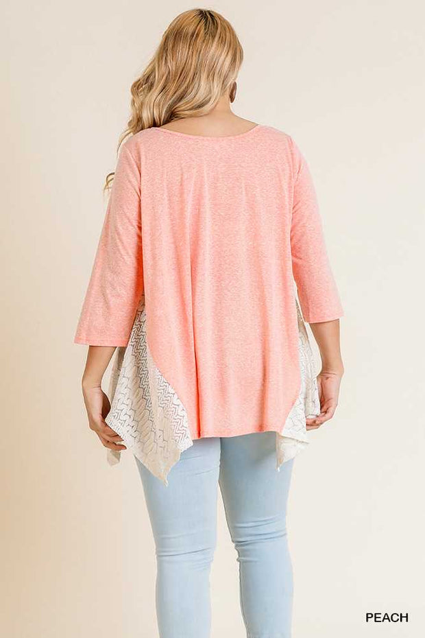 SALE!! SD-T (Graceful Sway) UMGEE Peach Tunic W/ Crochet Detail PLUS SIZE XL, 1X, 2X