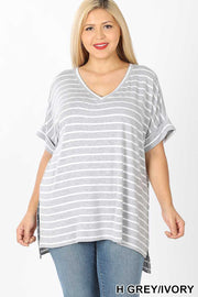 SALE!! 63 PSS-D {Good Energy}  Gray Striped Top Cuffed Sleeves PLUS SIZE XL 2X 3X