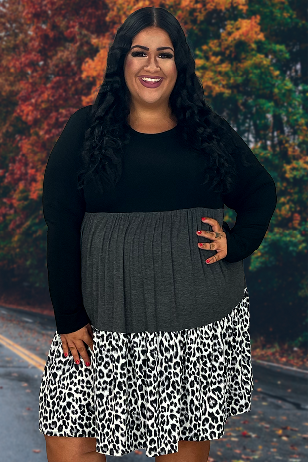 56 CP-A {Lucky To  Be Loved}  Black/Animal Print Tiered Dress PLUS SIZE 1X 2X 3X