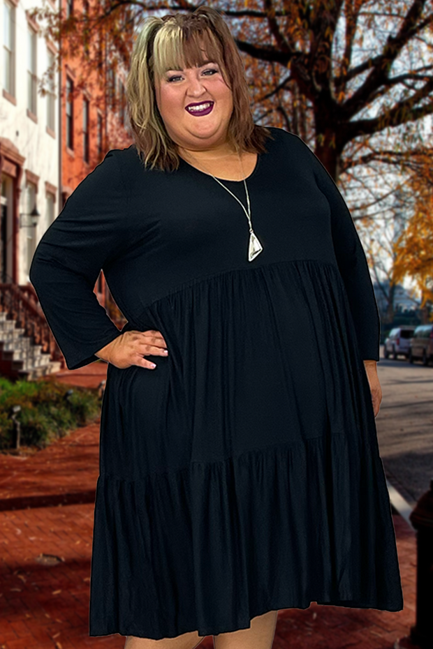 84 SQ-A {My Natural State} Black V-Neck Tiered Dress PLUS SIZE XL 2X 3X 4X 5X