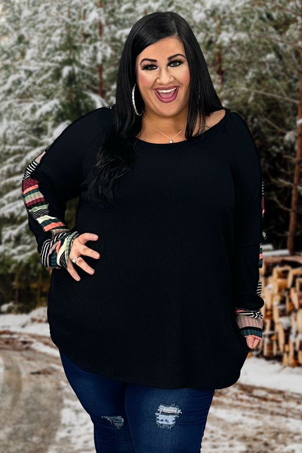 SALE!! 71 CP-J {No Rules} Black Ribbed SALE!!  Top  w/Striped Contrast PLUS SIZE XL 2X 3X