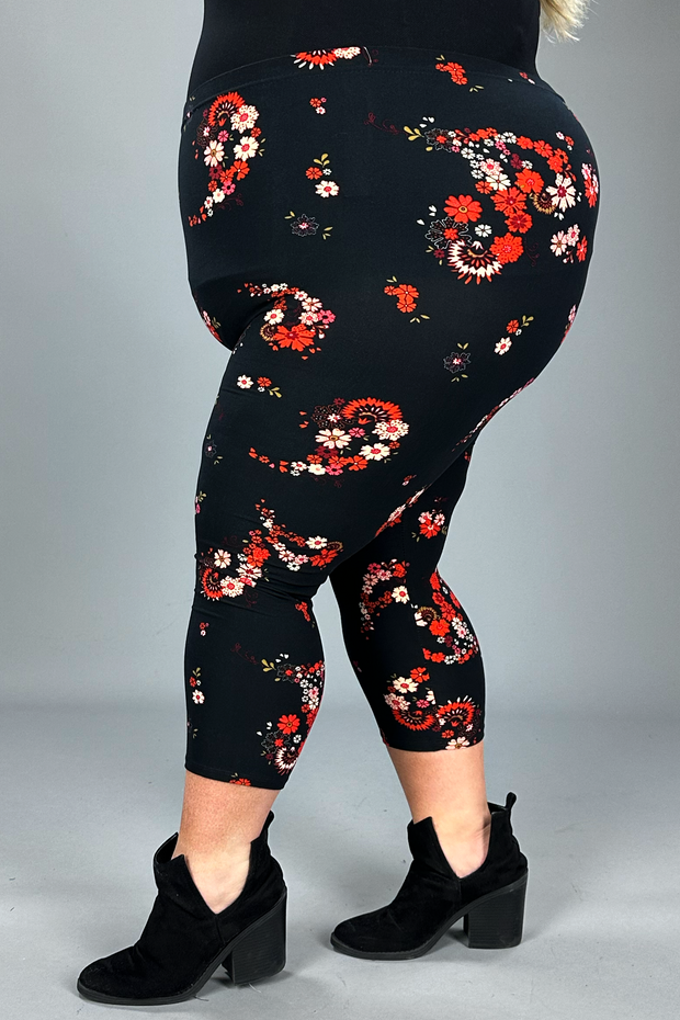 SALE!! LEG-44 {Seeing Red} Red Floral Printed Butter Soft Capri Leggings EXTENDED PLUS SIZE 3X/5X