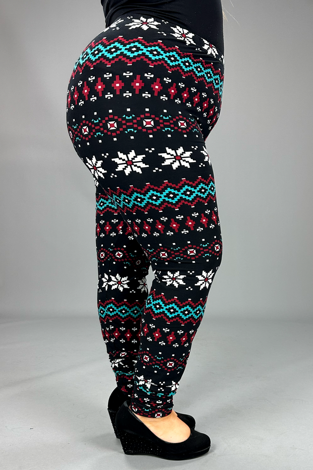 LEG-66 {Under The Pines} Black Snowflake Print Leggings EXTENDED PLUS SIZE 3X/5X