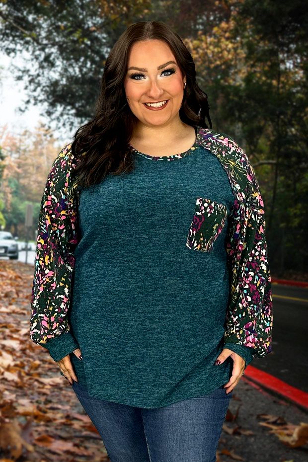 SALE! 55 CP-M {All In Order} Teal Top w/Multi Print Contrast PLUS SIZE XL 2X 3X