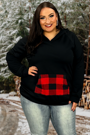 37 HD-B {Feelings For You} Black Red Plaid Detail Hoodie  PLUS SIZE XL 2X 3X