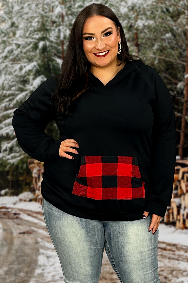 SALE! 37 HD-B {Feelings For You} Black Red Plaid Detail Hoodie  PLUS SIZE XL 2X 3X