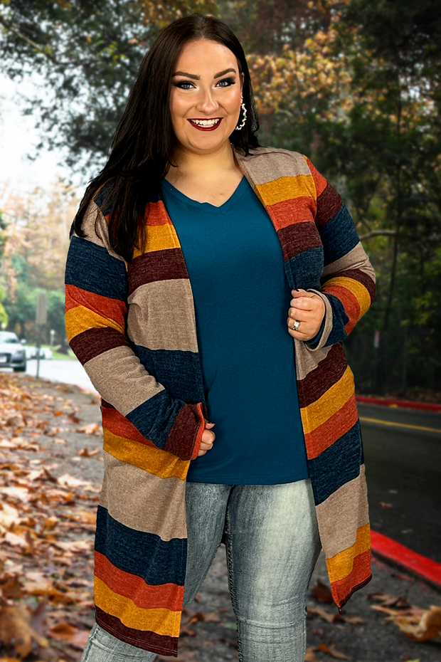 54 OT-E {Future Goals} Taupe/Multi-Color Striped Cardigan PLUS SIZE XL 2X 3X