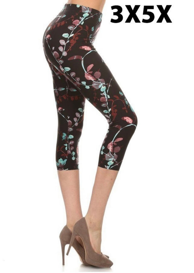 SALE!! LEG-52 {Teal Dreams} Teal Floral  Butter Soft Capri Leggings  EXTENDED PLUS SIZE 3X/5X