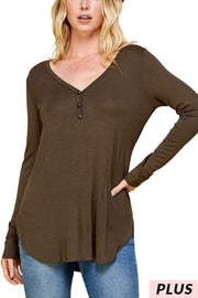 24 SLS {Be Reasonable} Olive Long Sleeve V-Neck Top PLUS SIZE 1X 2X 3X