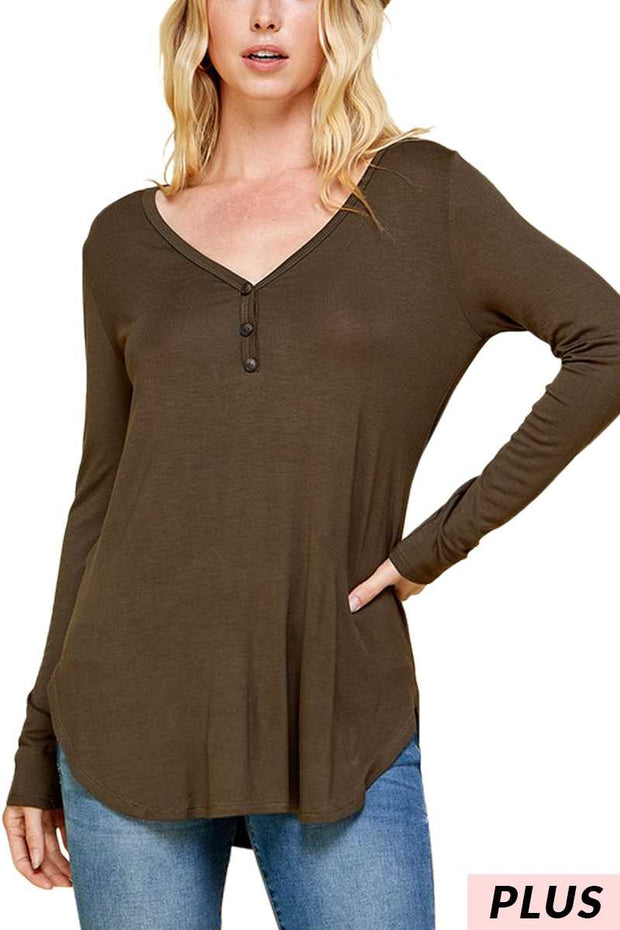 24 SLS {Be Reasonable} Olive Long Sleeve V-Neck Top PLUS SIZE 1X 2X 3X