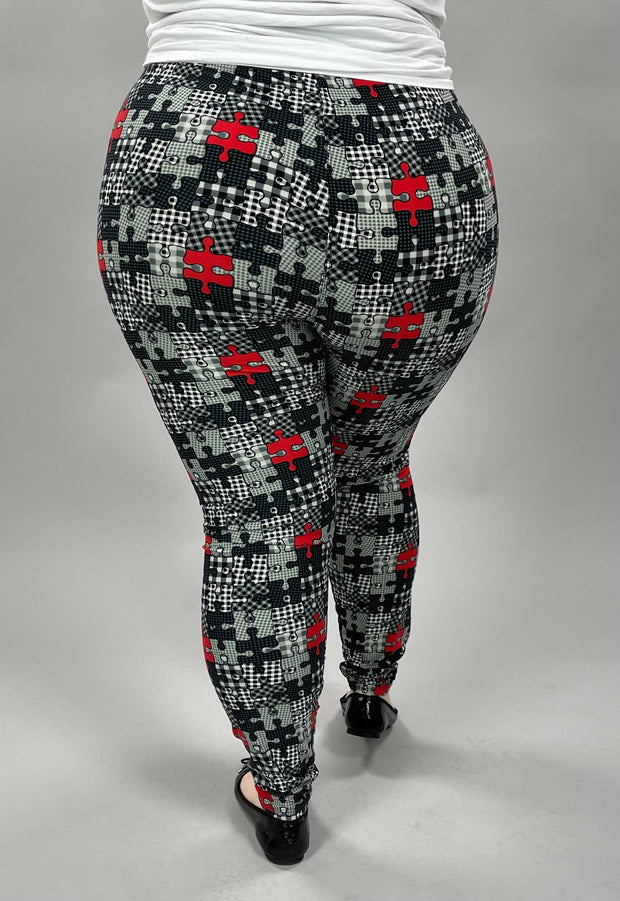 LEG-34 {Puzzled} Gray/Red Puzzle Print Leggings EXTENDED PLUS SIZE 3X/5X