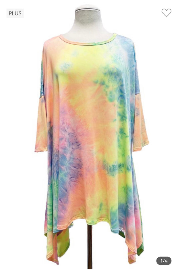 76 PQ-J {Timeless Ties} Neon Yellow Pink Tie Dye Top PLUS SIZE 1X 2X 3X