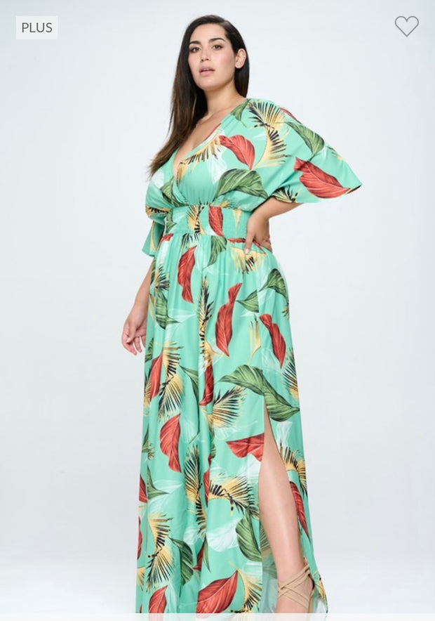 SALE!! LD-D {Island Escape} Lt Green Palm Printed Lined Dress PLUS SIZE XL 2X 3X