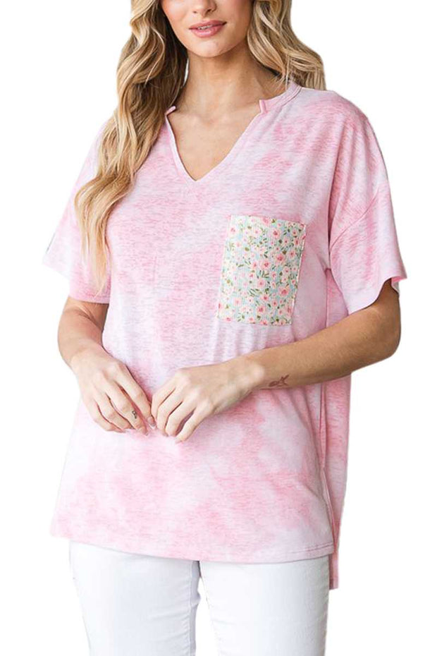 92 CP-S {Makes My Heart Happy} Pink Floral V-Neck Top PLUS SIZE XL 2X 3X