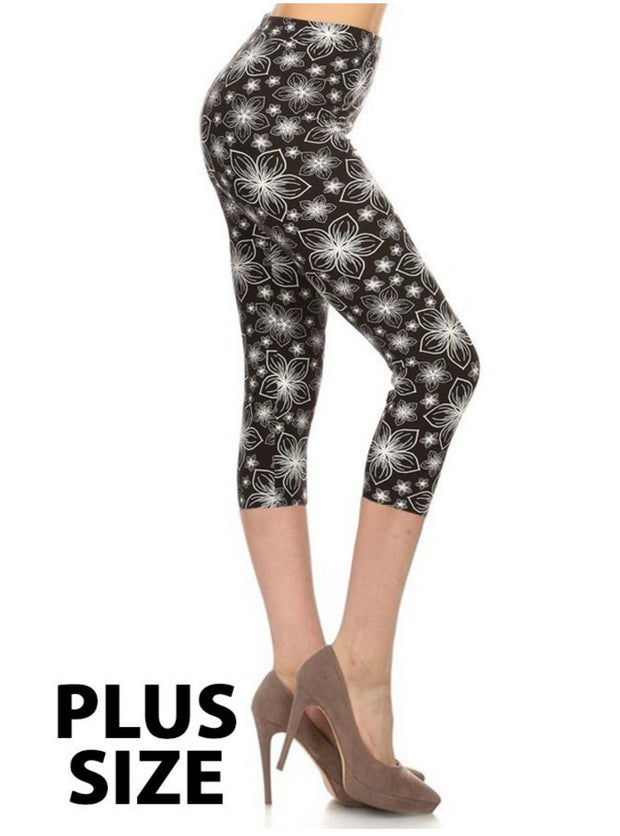 LEG-45 {Cool Composure) Black Floral Butter Soft Capri Leggings  Plus Size