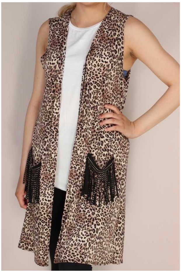 SALE!! OT-Y{Winding Down} Leopard Vest Black Stud Fringe Pockets