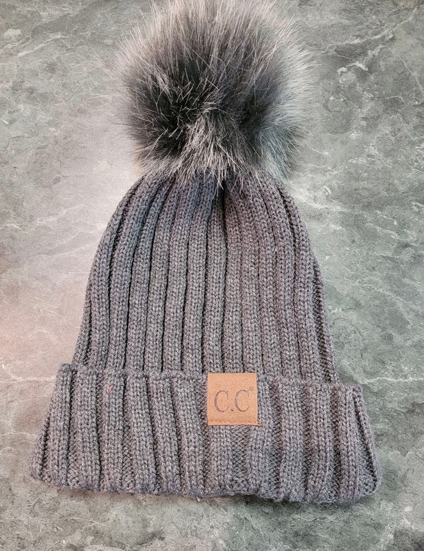 BIN-39 Ribbed Style C.C. Beanie Hat With   Matching Fur Ball