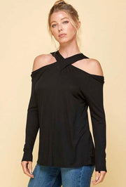 26 OS-A {Just A Peek} Black Criss-Cross Open ShoulderTop PLUS SIZE 1X 2X 3X