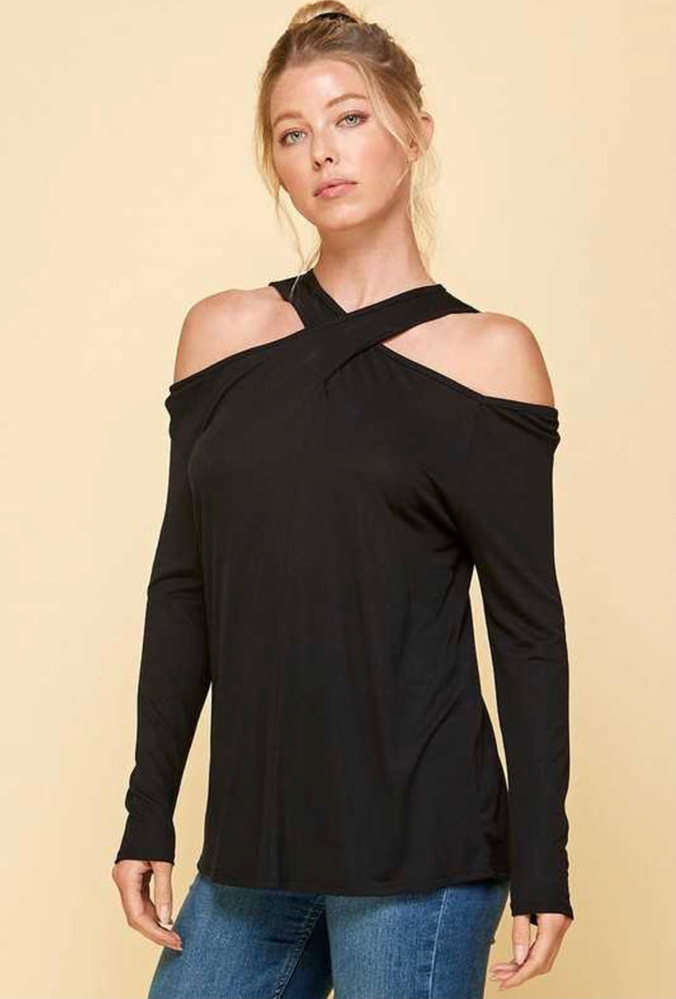 26  OS-A {Just A Peek} Black Criss-Cross Open ShoulderTop PLUS SIZE 1X 2X 3X