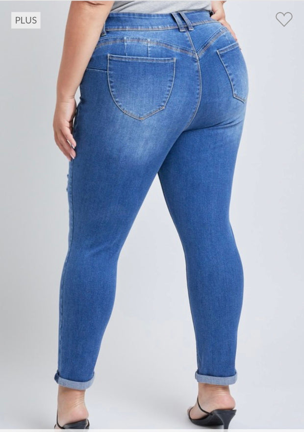 SALE!! LEG-79 {YMI Wanna Betta Butt} Med Blue Ripped Cuffed Ankle Jeans  PLUS SIZE 14 16 18 20