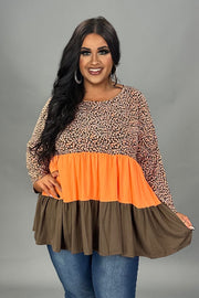 16 CP {Candy Corn} Brown/Orange Print Tiered Top PLUS SIZE 1X 2X 3X