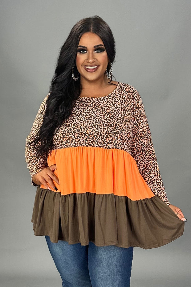 16  CP {Candy Corn} Brown/Orange  Print Tiered Top PLUS SIZE 1X 2X 3X