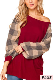 SALE!! 23 CP-J {It's A Mood} Wine Grey Plaid Contrast Top PLUS SIZE XL 2X 3X